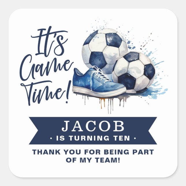 Navy Blue Soccer Kids Watercolor  Square Sticker (Front)