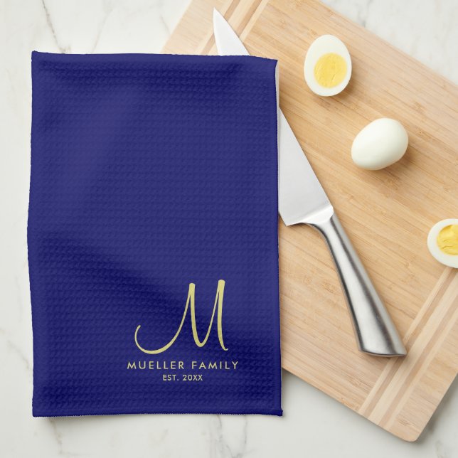 Navy Blue Solid Colour Gold Monogrammed Family Nam Tea Towel (Quarter Fold)