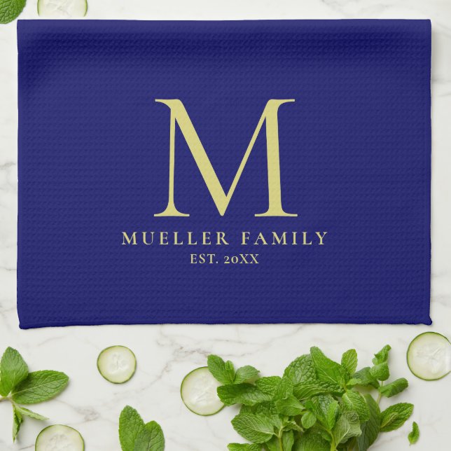 Navy Blue Solid Colour Gold Monogrammed Family Nam Tea Towel (Folded)