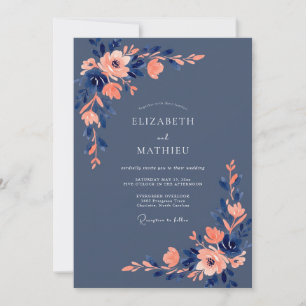 Navy Blue Sophisticated Floral Wedding Invitation