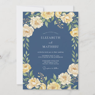 Navy Blue Sophisticated Rose Wedding Invitation