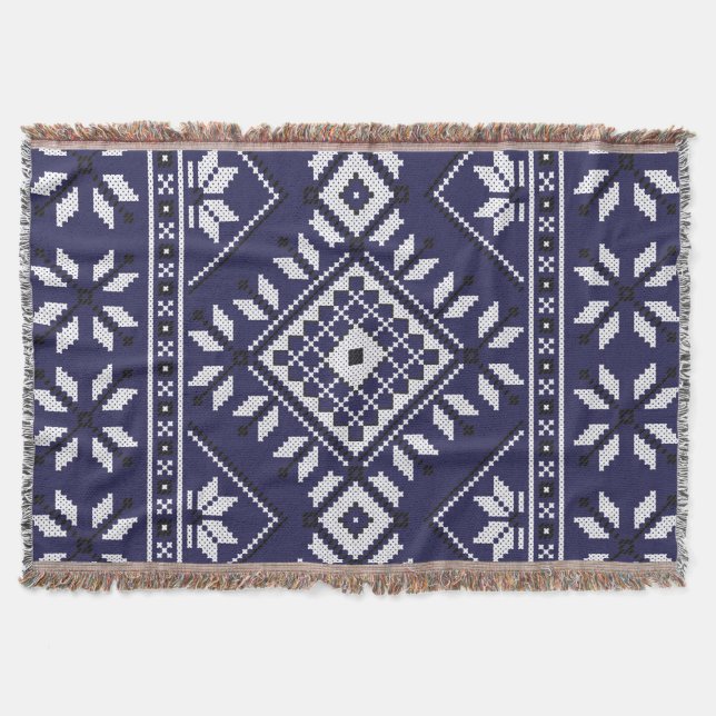 Navy Blue Southwest Aztec Tribal Geometric Pattern Throw Blanket (Front)