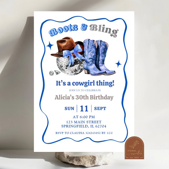 Navy Blue Space Cowgirl Boots and Bling Birthday  Invitation (Creator Uploaded)