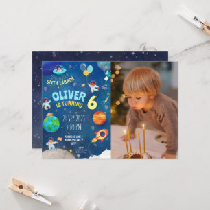 Navy blue, space theme photo birthday invitation