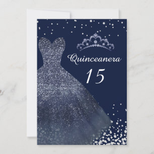 Navy Blue Sparkle Gown Dress Quinceanera Party Invitation