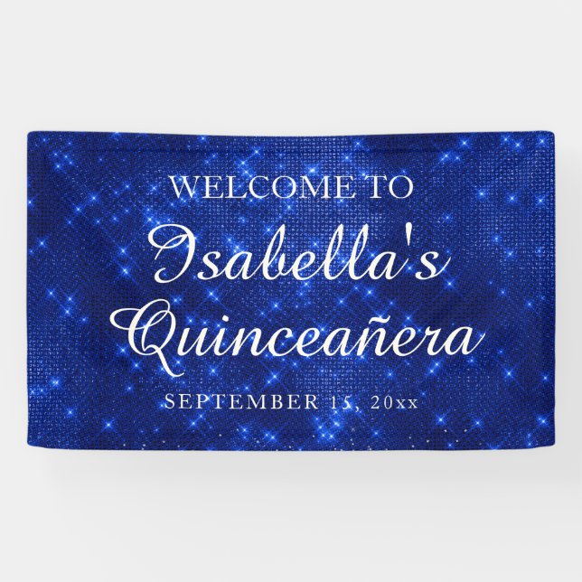 Navy Blue Sparkling Quinceañera Welcome Name Banner (Horizontal)