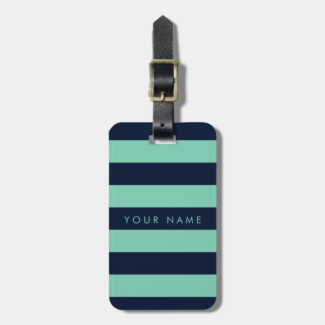 Navy Blue & Spearmint Striped Personalised Luggage Tag (Front Vertical)