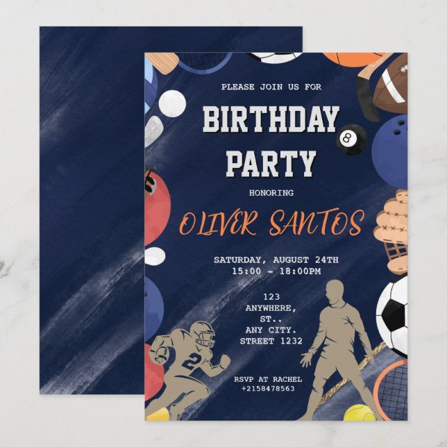 Navy blue sport boys Birthday Invitation (Front/Back)
