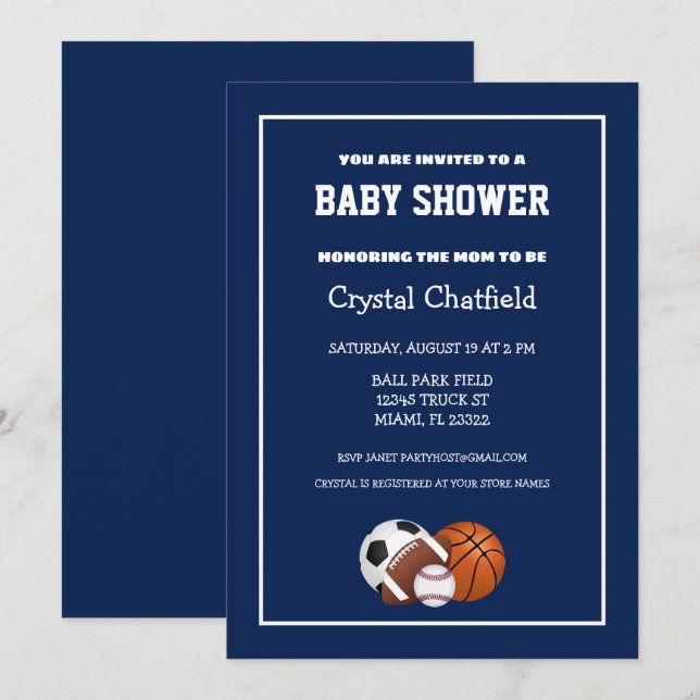 Navy Blue Sports Baby Shower Invitation (Front/Back)