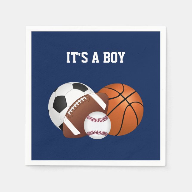 Navy Blue Sports Baby Shower It's a Boy Napkin (Front)