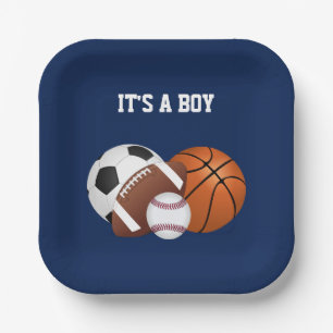 Navy Blue Sports Baby Shower It's a Boy Paper Plate