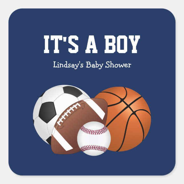 Navy Blue Sports Baby Shower It's a Boy  Square St Sticker (Front)