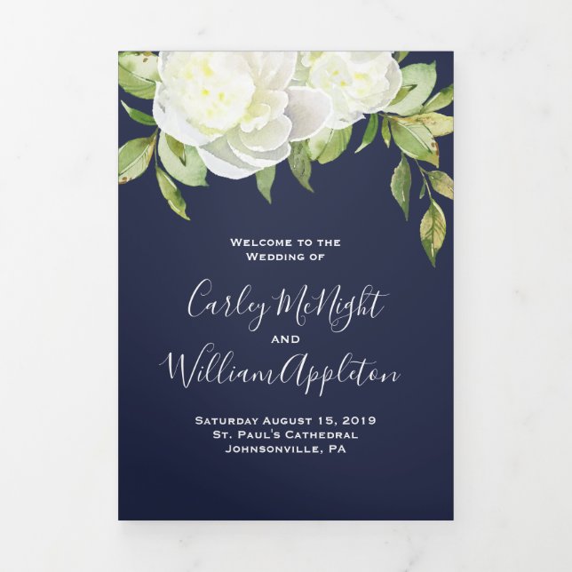 Navy Blue Spring Floral Peony Wedding Program Tri-Fold Programme (Cover)