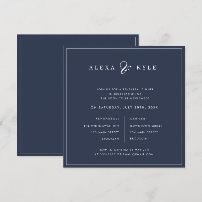 Navy Blue Square Rehearsal Dinner Invitation (Front/Back)