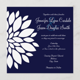 Navy Blue Square Wedding Invitations White Flower
