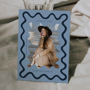 Navy Blue Squiggly Wavy Frame Graduation Thank You Announcement