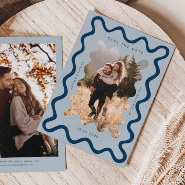 Navy Blue Squiggly Wavy Frame Wedding Save The Date (Creator Uploaded)