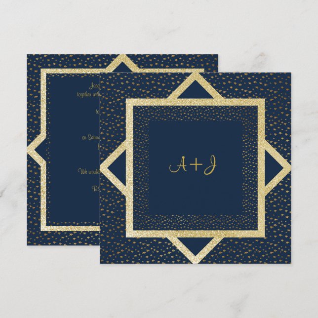 NAVY BLUE STAR GOLD WEDDING LAYERED INVITATION (Front/Back)