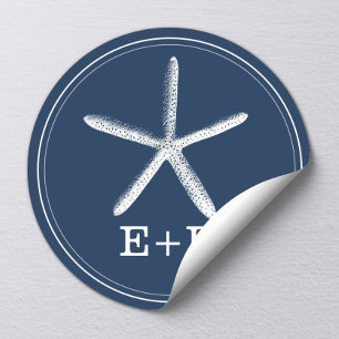 Navy Blue Starfish Beach Wedding Favour Classic Round Sticker