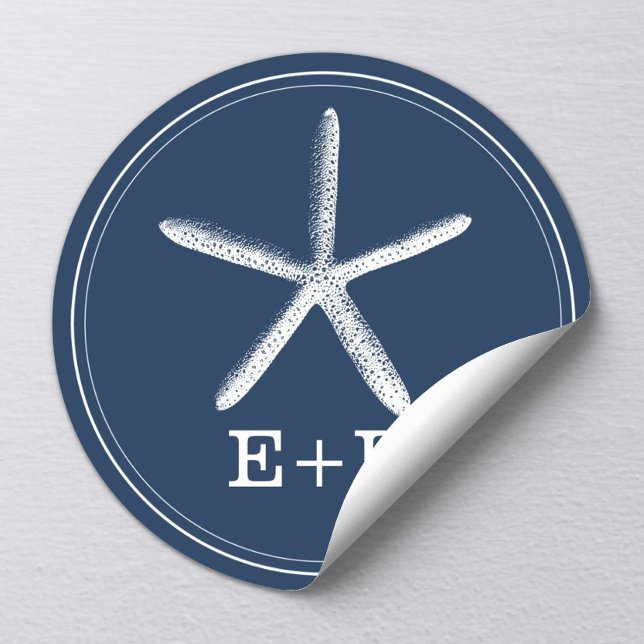 Navy Blue Starfish Beach Wedding Favour Classic Round Sticker (Creator Uploaded)