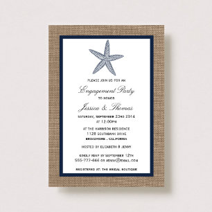 Navy Blue Starfish Burlap Beach Engagement Shower Invitation