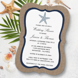 Navy Blue Starfish On Burlap Beach Wedding Shower Invitation