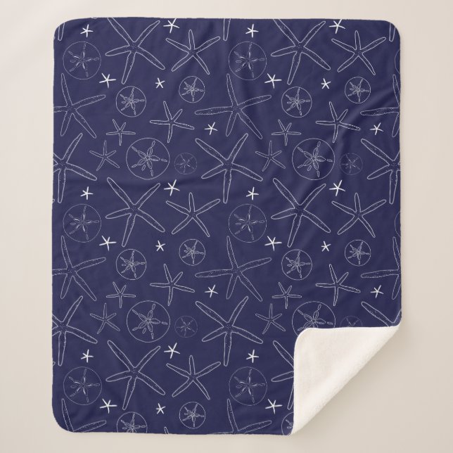 Navy Blue Starfish & Sand Dollar Sherpa Blanket (Front)