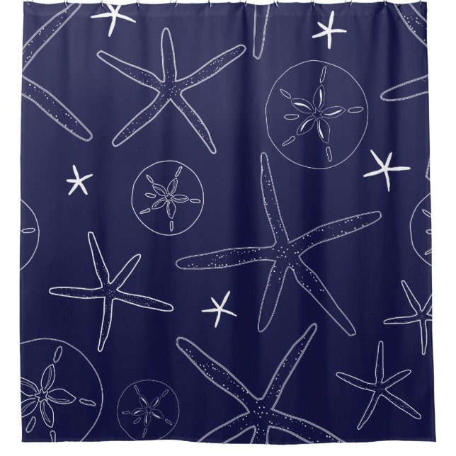 Navy Blue Starfish & Sand Dollar Shower Curtain (Front)