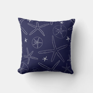 Navy Blue Starfish & Sand Dollar Throw Pillow