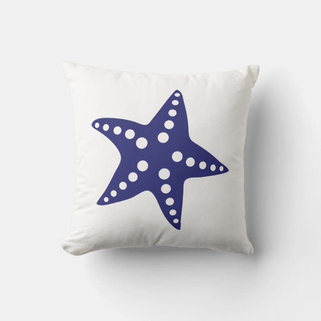 Navy Blue Starfish Throw Pillow, Beach Ocean Theme Cushion (Front)