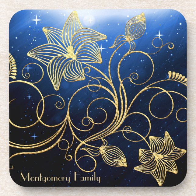 Navy Blue Starry Galaxy Gold Floral Family Name Coaster (Front)