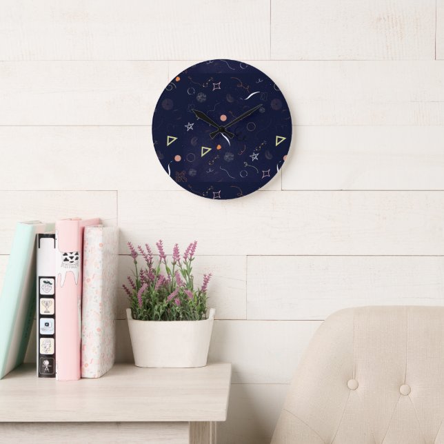 Navy Blue Starry Night Doodle large Clock  (Reading Room)