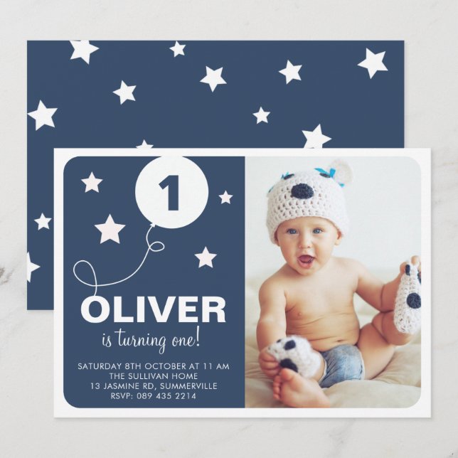 Navy Blue | Stars and Balloons Kids Photo Birthday Invitation (Front/Back)