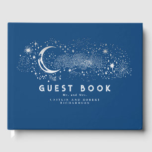Navy Blue Stars Moon Night Sky Wedding Guest Book