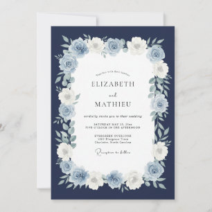 Navy Blue Stately Floral Wedding Invitation