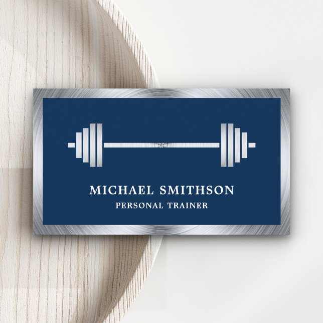Navy Blue Steel Barbell Fitness Personal Trainer Business Card (Creator Uploaded)