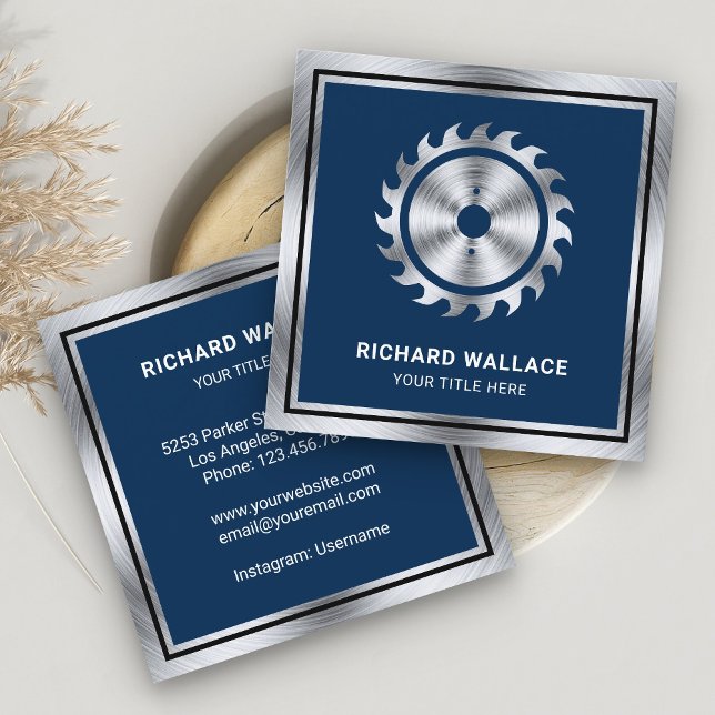 Navy Blue Steel Circular Saw Handyman Carpenter Square Business Card (Creator Uploaded)