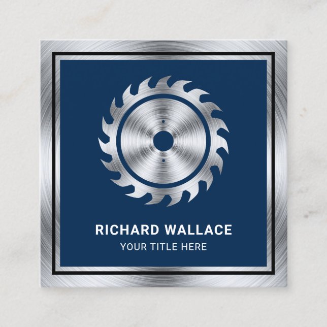 Navy Blue Steel Circular Saw Handyman Carpenter Square Business Card (Front)
