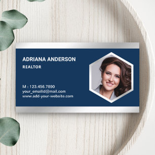 Navy Blue Steel Silver Real Estate Photo Realtor Business Card