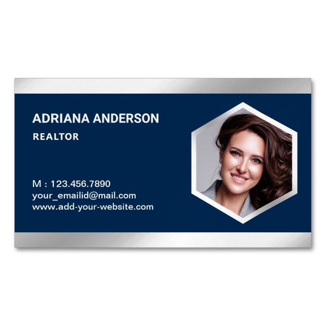 Navy Blue Steel Silver Real Estate Photo Realtor Magnetic Business Card (Front)