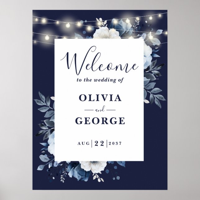 Navy Blue String Light Floral Wedding Welcome Sign (Front)