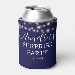 Navy Blue String Light Surprise Birthday Can Cooler