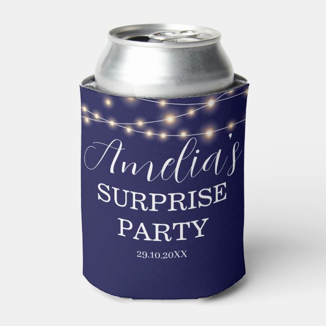 Navy Blue String Light Surprise Birthday Can Cooler (Can Front)