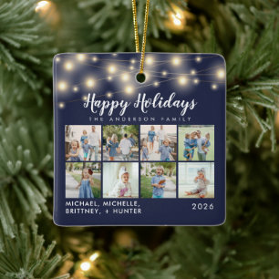 Navy Blue String Lights 8 Photo Holiday Ceramic Ornament