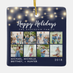 Navy Blue String Lights 8 Photo Holiday Ceramic Ornament