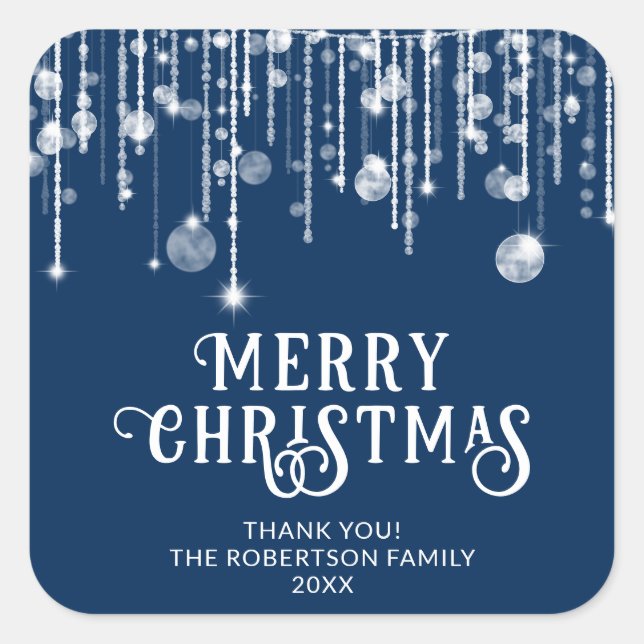 Navy Blue String Lights Christmas Party Favour Square Sticker (Front)