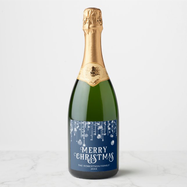 Navy Blue String Lights Christmas Party Sparkling Wine Label (Front)