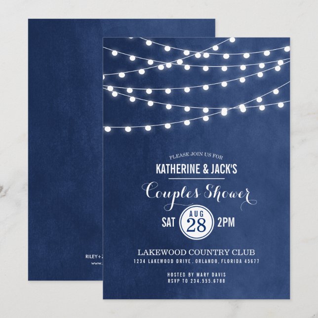 Navy Blue String Lights Couples Shower Invitation (Front/Back)