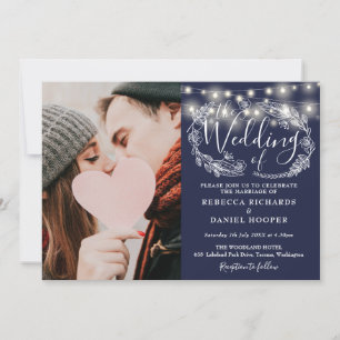 Navy Blue String Lights Floral Photo Wedding Invitation