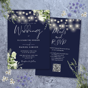 Navy Blue String Lights Floral QR Code Wedding Invitation
